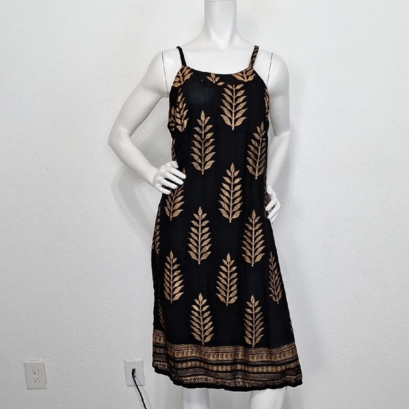 Lapogee Black Gold Feather Print Whimsigoth Bohemian Sheath Midi Dress Size L - Picture 1 of 11